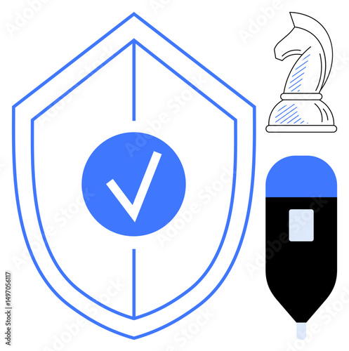 Shield with checkmark stands for protection, knight denotes strategy, USB drive symbolizes data. Ideal for cybersecurity, protection, strategy, data, technology privacy digital safety. Flat simple