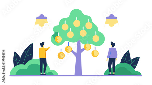 Illustration of two people standing near a tree with hanging golden coins and decorative light fixtures above