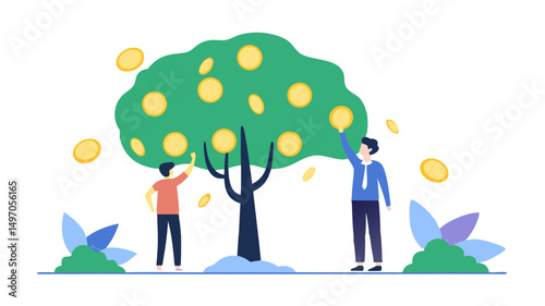 Two individuals harvesting coins from a money tree with lush green foliage and scattered coins around it