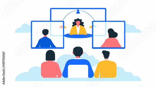 Illustration of people in a video conference with three screens and five participants visible online