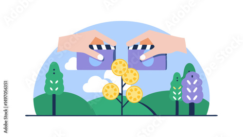 Hands holding clapperboards above a money tree in a landscape with hills and trees under a cloudy sky