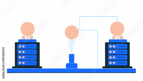 Illustration of two server racks connected to a central node with light blue lines on a white background