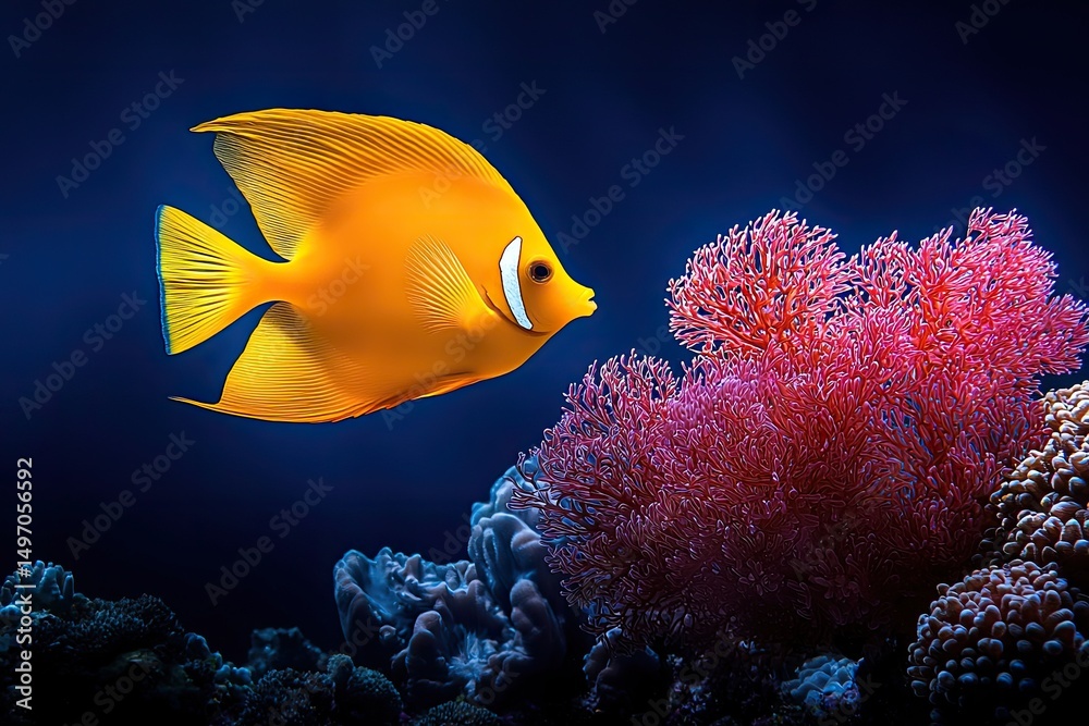 Obraz premium Golden Angelfish Swims Near Vibrant Coral Reef