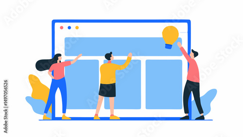 Illustration of three people working on a website design with a lightbulb representing an idea