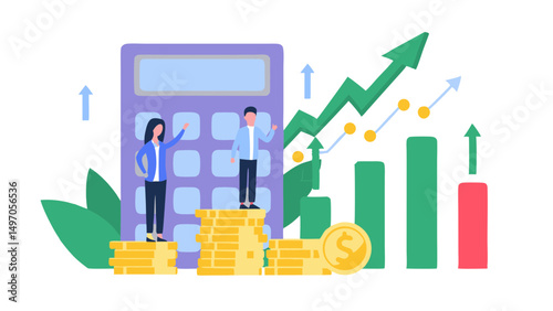 People standing on coins with calculator and growth chart indicating financial success and progress one hundred