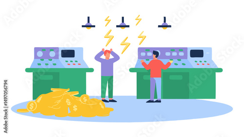 Two men in a control room with flashing lights and a pile of gold coins on the floor looking stressed out