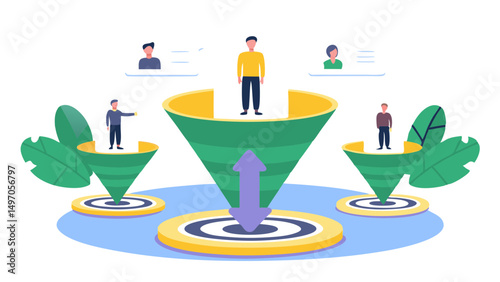 Illustration of a funnel with people standing on different levels and an arrow pointing upwards from the base