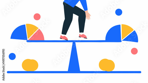 Person balancing on a seesaw with pie charts and yellow shapes on a white background illustration