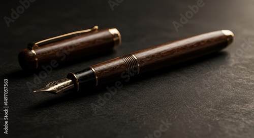 Elegant wooden fountain pen with golden accents on a textured surface