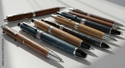 Elegant array of handcrafted wooden pens resting on a minimalist surface