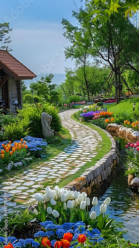 In the summer park, a beautiful garden with colorful flowers lines a stone walkway near old European architecture, a peaceful blend of nature and city landscape under the blue sky with trees