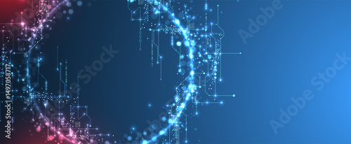 Digital circuit visualization vector background.  Neon glowing board pattern with interconnected lines, nodes, and binary code.