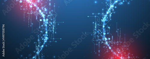 Digital circuit visualization vector background.  Neon glowing board pattern with interconnected lines, nodes, and binary code.