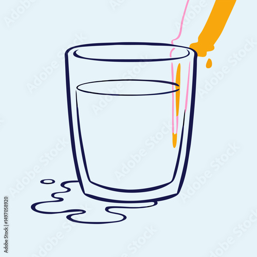 Glass of Water with Dropper Adding Liquid, Spilled Water Illustration