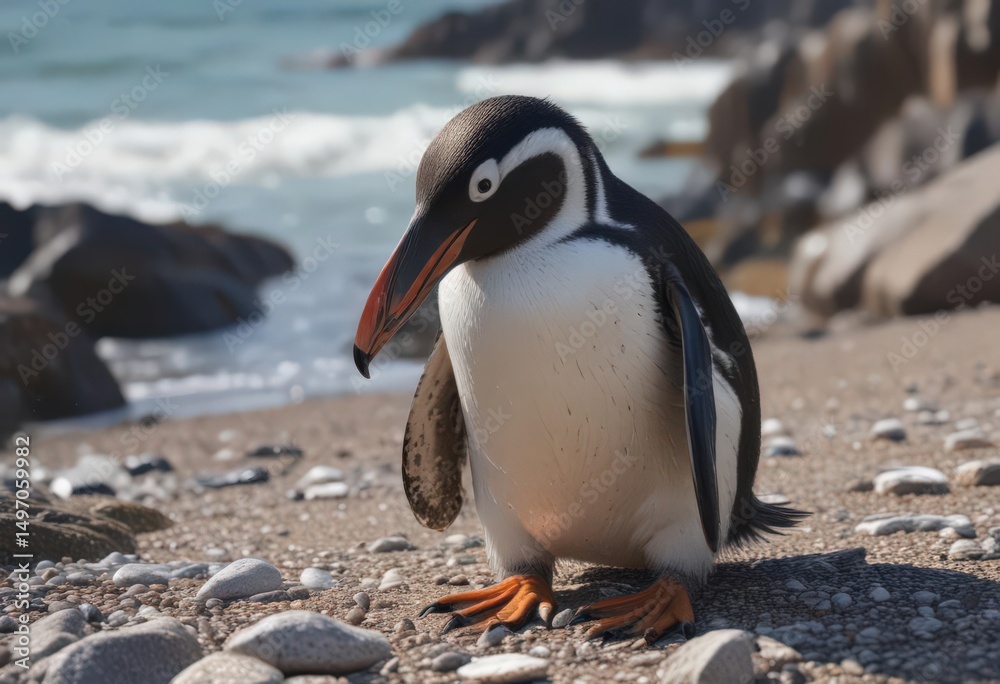 Fototapeta premium Humboldt penguin preening feathers on rocky beach , animal photography, wing