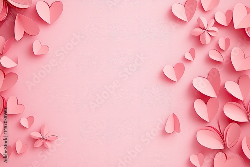 Pink paper hearts and flowers on a pink background