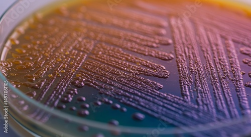 Detailed view of microbial colonies cultivated in a petri dish environment