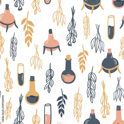 Seamless Pattern for Chemistry Theme with Test Tube Flask Background and Detailed Decoration