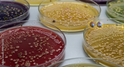 Vibrant bacterial cultures growing in petri dishes showcase scientific analysis