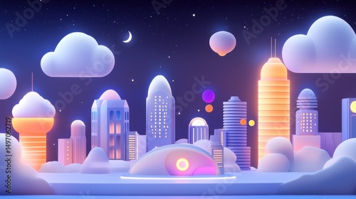 A futuristic city at night illuminated among clouds and stars