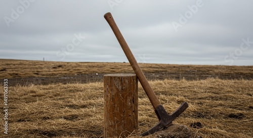 Vintage pickaxe resting against a weathered wooden stump in a field