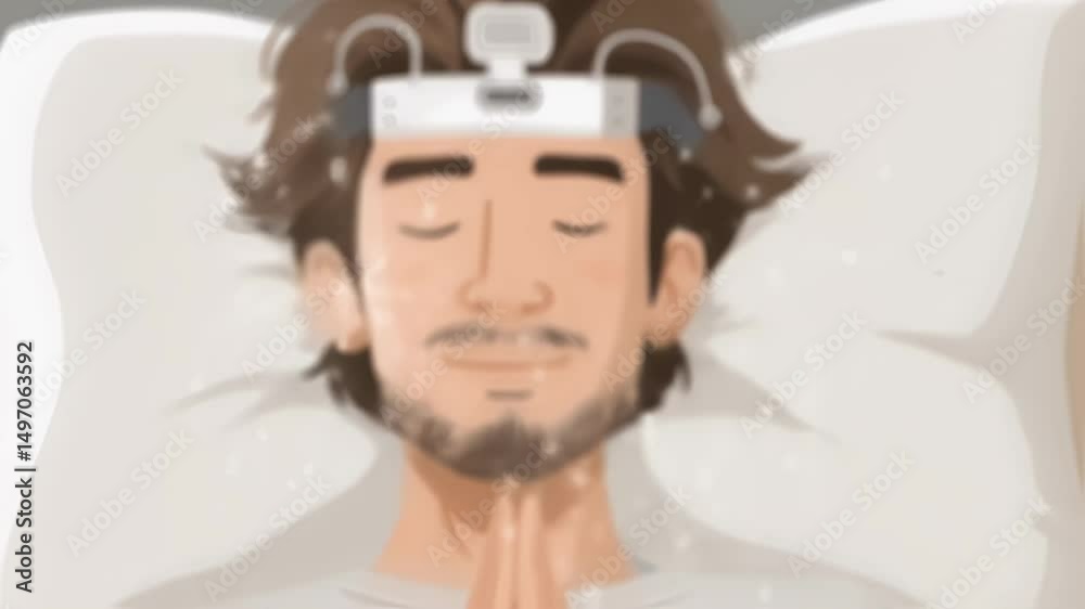 Innovative brainwave sensor positioned on male head analyzing sleep patterns, guiding neurological processes toward deep, restful dream state with advanced monitoring technology