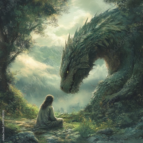 Peaceful encounter with a large dragon in a serene forest
