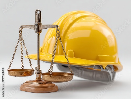 Balance of justice and safety helmet symbolizing law and protection
