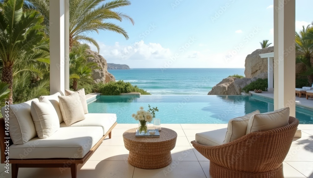 Naklejka premium poolside lounge area overlooking the ocean, featuring woven furniture and linen cushions in soothing neutral tones. Coastal Retreat with Relaxed and Breezy Atmosphere