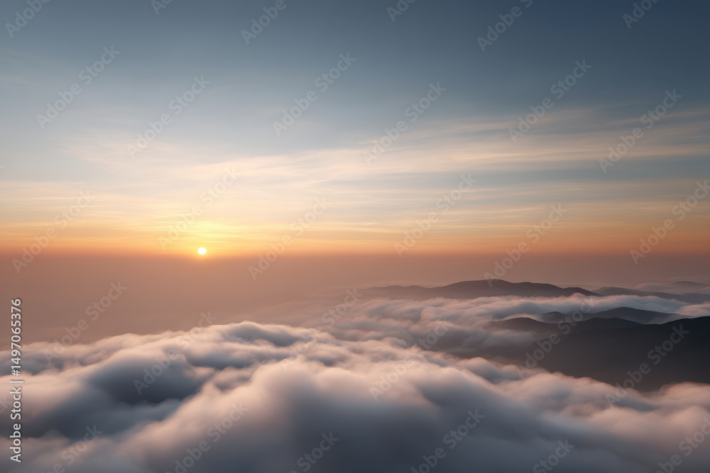 Obraz premium breathtaking dawn scene where sun rises above horizon illuminating clouds with single ultrabright ray of light