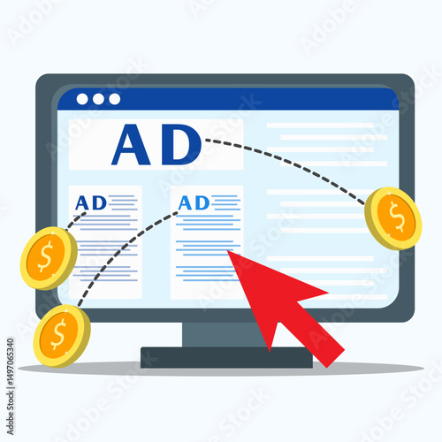 Pay per click concept. Paid advertising campaign displays ads on websites that generate revenue for publishers. Advertising and promoting a brand to an audience or customer.