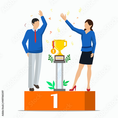 Business team standing on pedestal with trophy. Successful team, best employees or winners in competition. Employees celebrating of success or achievement in the workplace. 