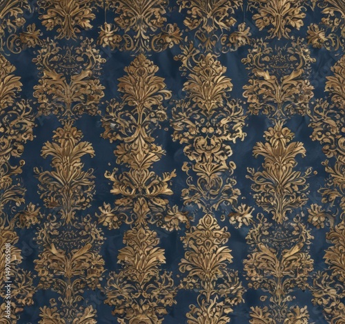 Elegant blue and gold floral damask  Seamless pattern for decor , gold, interior