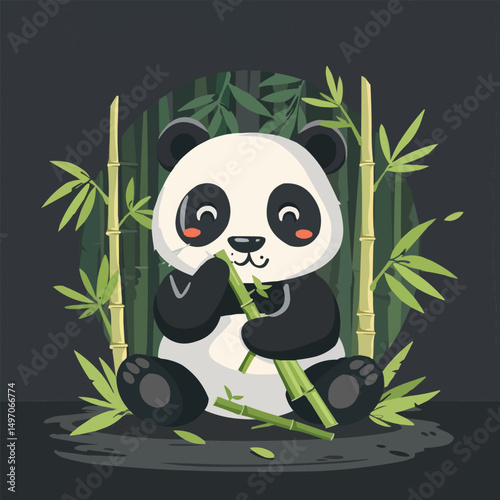 cute cartoon panda eating bamboo