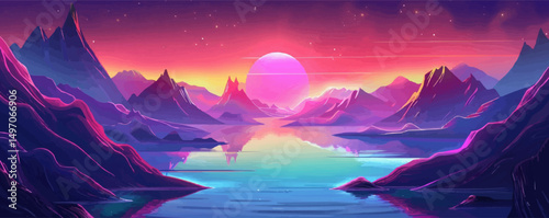 beautiful space landscape in neon colors