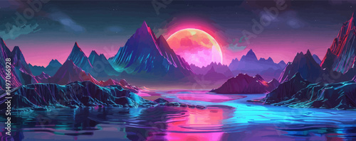 beautiful space landscape in neon colors