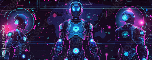set of neon modern robots