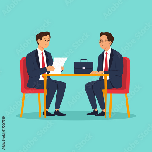 Job interview, hiring process, candidate evaluation, career opportunity, HR meeting, professional discussion, resume review, employment screening, workplace recruitment. Flat vector illustration.