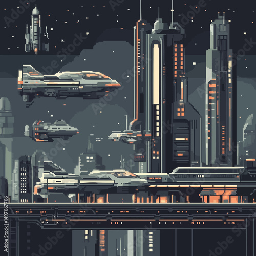 Futuristic pixel art cityscape with flying spaceships at night.