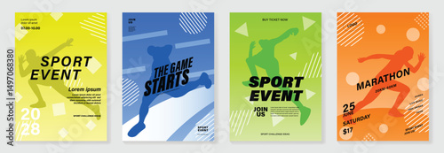 Fun run poster design background vector set. Running sport cover template with vibrant abstract gradient geometric shape and people running. Ideal design for social media, flyer, promotion, card.