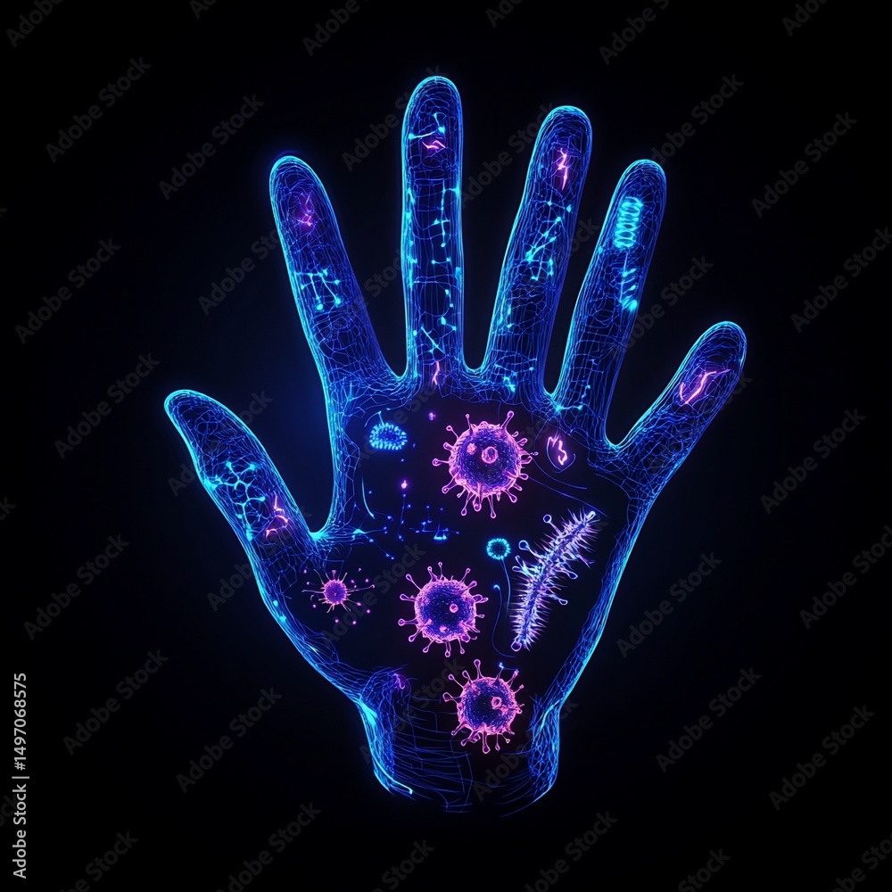 Glowing Hand with Microbes, and Viruses. Glowing Hand with Microbes, and Viruses.