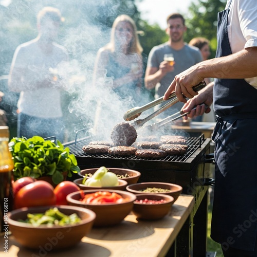 A vibrant BBQ scene with burgers grilling, surrounded by fresh ingredients and friends enjoying a lively outdoor gathering
