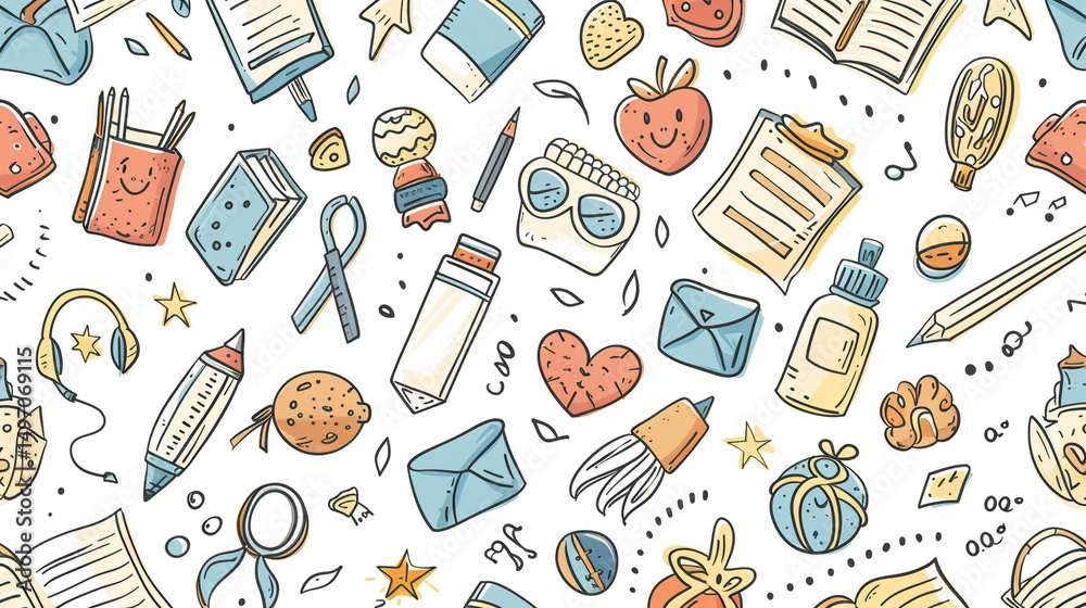 A seamless pattern featuring colorful hand-drawn school supplies, including books, pencils, pens, apples, and leaves on a light background. A seamless pattern featuring colorful hand-drawn school supplies, including books, pencils, pens, apples, and leaves on a light background.