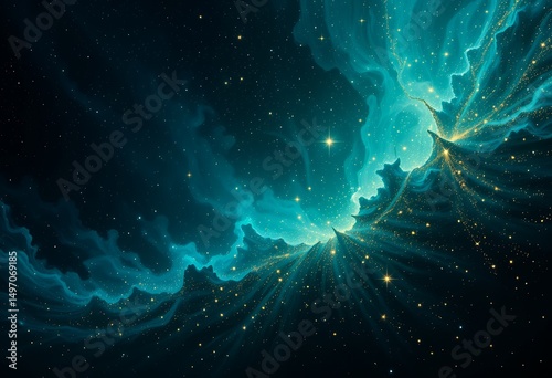 A mesmerizing cosmic view of a glowing blue-green nebula with scattered stars in deep space