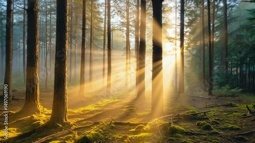 Autumn sunrise in the misty forest with sun rays through the trees