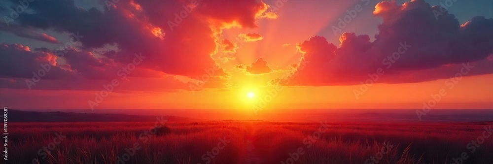 Obraz premium Golden hour sun rays paint the sky with vibrant oranges, reds, and purples as the sun dips below the horizon A breathtaking display of natural light and color , sunset, astronomy