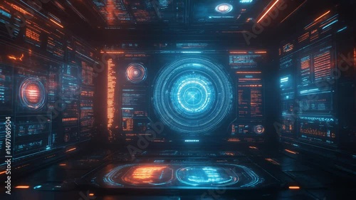 Intricate display of futuristic digital technology with vibrant neon lights and data panels.