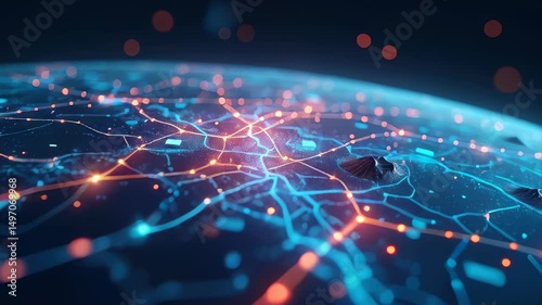 Digital network. Global connection. Futuristic technology. Data transmission. Internet concept. Blue neon. Cyber security. World map. Abstract background. Technology layout. Business graphic. Digital
