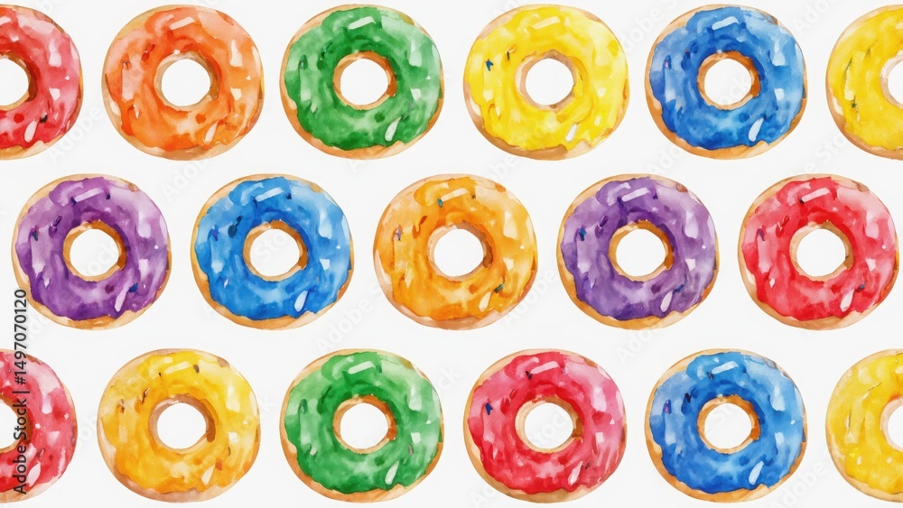 Fototapeta premium Watercolor seamless pattern with rainbow donuts