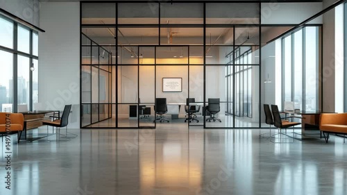 Modern office interior design with glass walls and city view for corporate workspace solutions tour